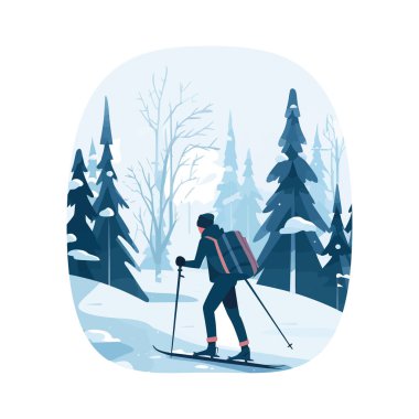 Beyazlar üzerinde kış ormanlarında kayak yapan adamlar