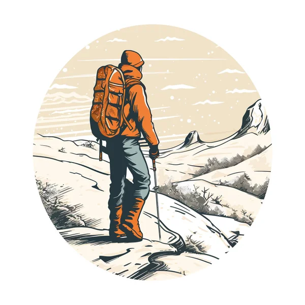 Wandersmann Mit Rucksack Bezwingt Berggipfel Über Weiß — Stockvektor