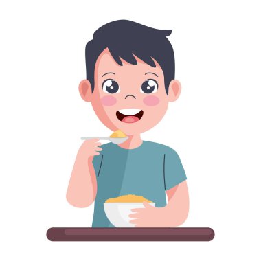 Kaşık ikonuyla mısır gevreği yiyen çocuk