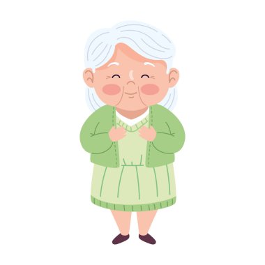 Büyükanne yeşil elbise içinde mutlu görünüyor.