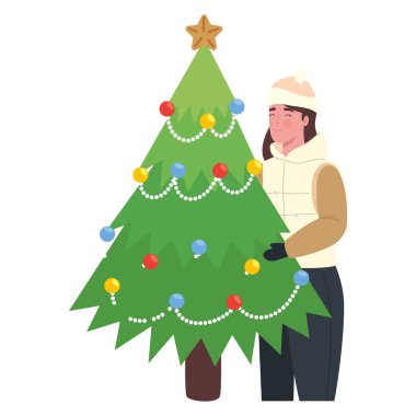 Ağaç resimli Noel kadını izole edilmiş.
