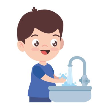Çocuk ellerini yıkıyor. Güzel bir illüstrasyon.
