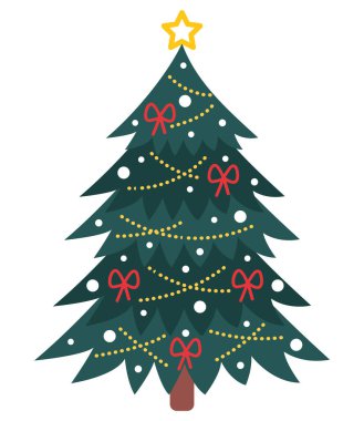 Yılbaşı ağacı ve kar taneleri çizimleri izole edilmiş.