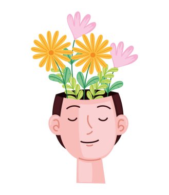 Beyni ve çiçekleri olan adam izole edilmiş.