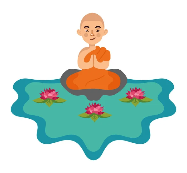 Moine Bouddhiste Méditant Avec Des Fleurs Lotus Vecteur Isolé — Image vectorielle