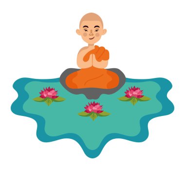 Budist keşiş lotus çiçeği vektörüyle meditasyon yapıyor.