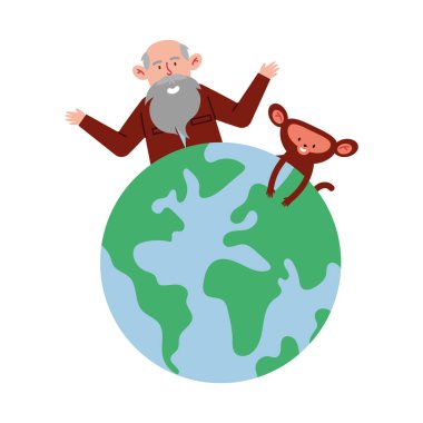 Charles Darwin ve dünyanın tepesinde bir maymun izole edilmiş bir vektör.