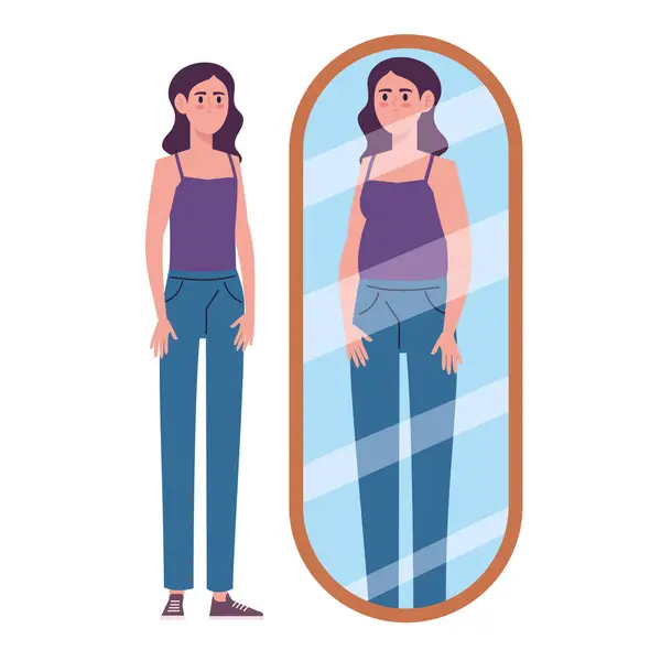 Anoressia Ragazza Fronte Allo Specchio Illustrazione Isolato — Vettoriale Stock