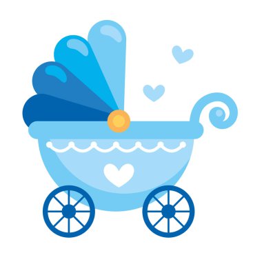 Bebek partisi mavi bebek arabası izole edildi.