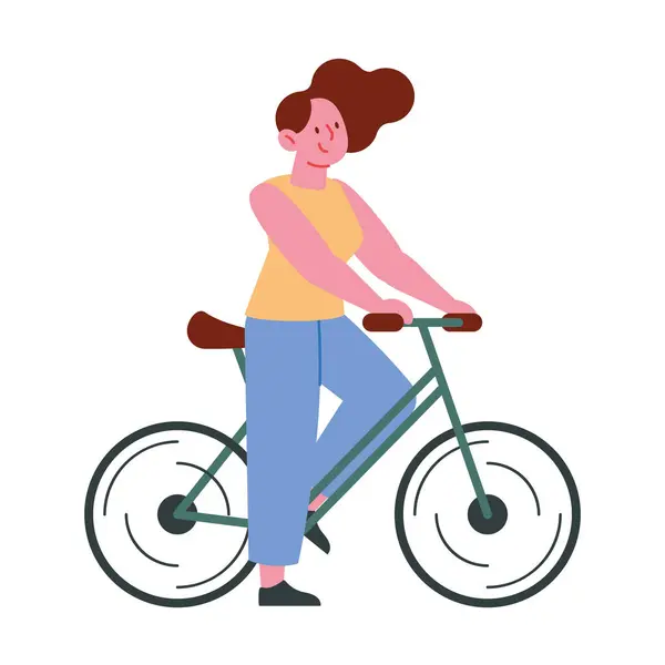 Lycklig Kvinna Ridning Cykel Isolerad Design Stockillustration