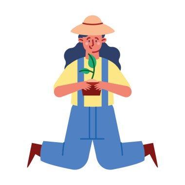 kadın karakter ağaç dikme izole tasarım