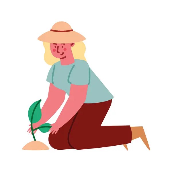 Cute Woman Planting Tree Isolated Design 스톡 일러스트레이션
