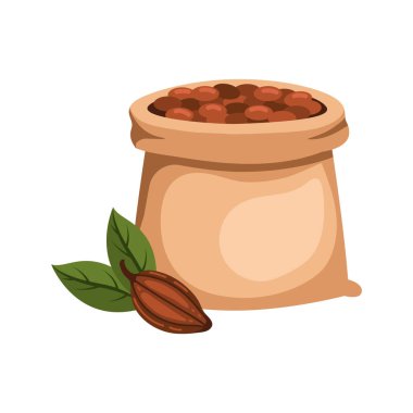 Yapraklı kakao çuvalı ve fasulye.