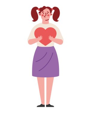 Kadın büyük kırmızı bir kalbe sarılıyor. Aşktan soyutlanmış.