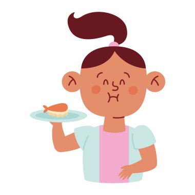 Bulaşık karikatüründe sushi yiyen tatlı bir kız.