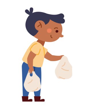 Sevimli küçük çocuk çantalar dolusu bağış ve bağış taşıyor.