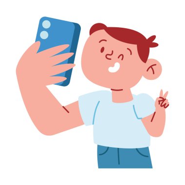 Çocuk telefon karikatürüyle selfie çekiyor.