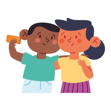 Şirin küçük oğlan ve kız selfie çekiyorlar.