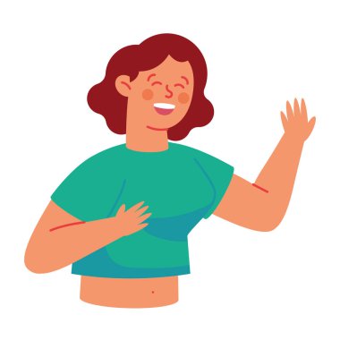 Gülümseyen kadın karakteri el sallıyor.