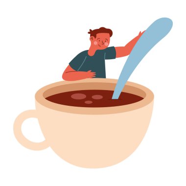 Kocaman bir çikolata bardağı ve kaşık çizgi filmi olan adam.