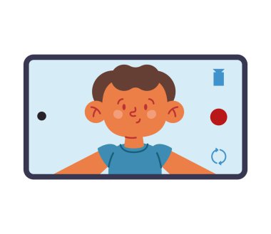 Gülümseyen çocuğun izole edilmiş selfie çektiği telefon.