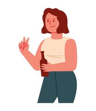 Kadın elinde açık bira şişesi çizgi filmi tutuyor.