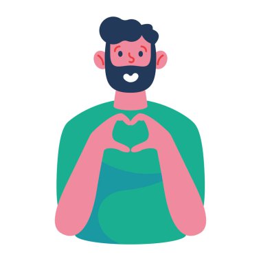 Sakallı genç adam kalp hareketi yapıyor.