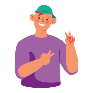 Genç adam portresi barış ve aşk jesti yapıyor