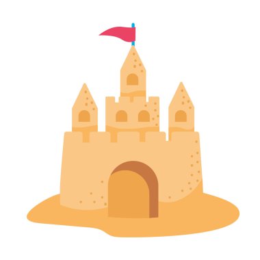 İzole edilmiş kuleleri ve bayrağı olan kumdan bir kale