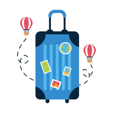 Mavi bavul ve hava balonları tek başına seyahat ediyor.