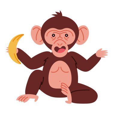 karikatür bebek şempanze bir muz tutuyor.