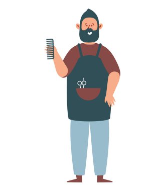 Siyah önlük giyen kuaför elinde tarak tutuyor.