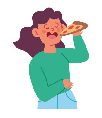 Yalnız başına pizza yiyen genç bir kadın.