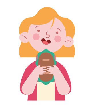 İzole edilmiş bir sandviç çizgi filmi yiyen kız.