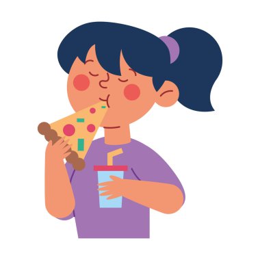 Soda karikatürlü pizza yiyen kız.