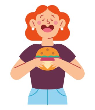 İzole edilmiş hamburger yiyen bir kadın.