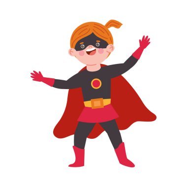 Süper kahraman kostümlü komik kız tek başına duruyor.