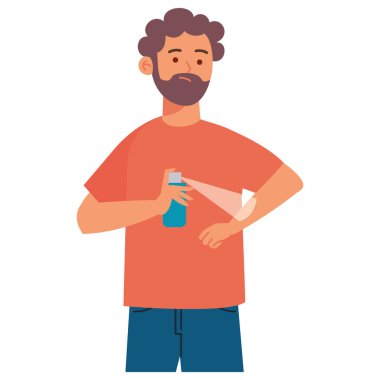 bearded man applying anti mosquito spray isolated clipart