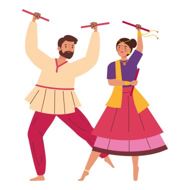 Hindu dansçılar, soyutlanmış sopalarla çiftler.