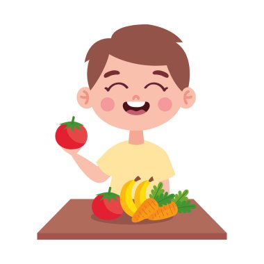 Yalnız başına vejetaryen yemeği yiyen tatlı çocuk.