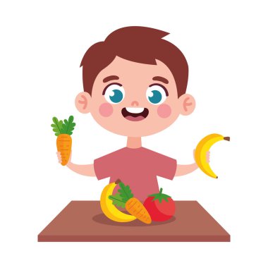 Mutlu çocuk yalnız başına vejetaryen yemeği yiyor.