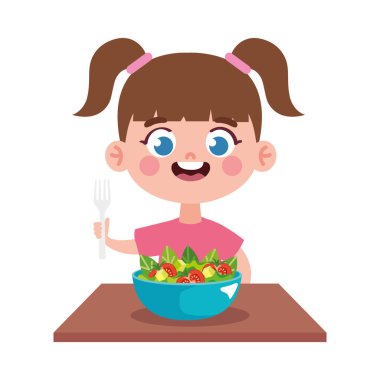 İzole edilmiş vejetaryen yemekleri yiyen mutlu kız.