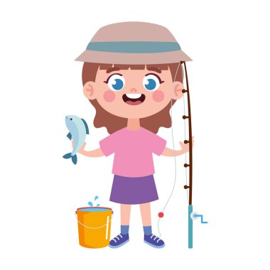 Küçük kız oltayla balık yakalar.