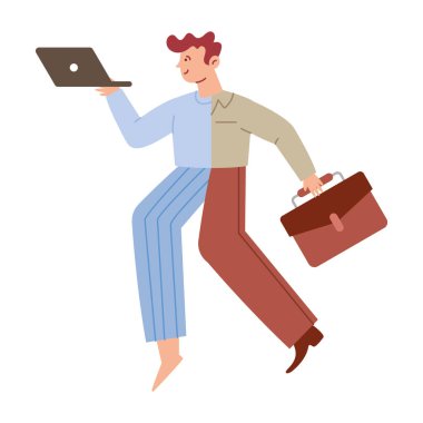 Melezdeki adam resmi bir takım elbise ve izole ev kıyafetleri giyiyor.