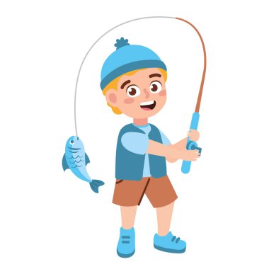 Çizgi filmci çocuk balıktan izole tasarımı