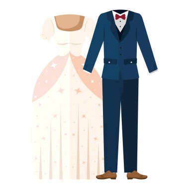 Gelin ve damadın gelinlikleri izole edilmiş.