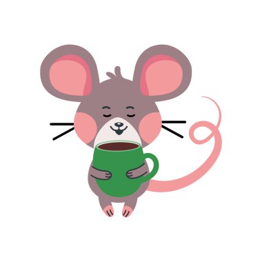 Şirin küçük fare izole edilmiş bir fincan kahve içiyor.