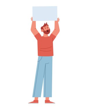 Genç sakallı adam boş bir poster tutuyor.