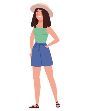 Bahar giysileri giyen mutlu bir kadın.