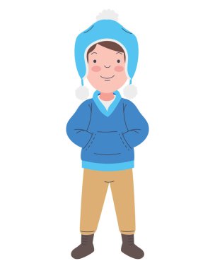 Çizgi film çocuğu kışlık giysiler giyiyor.